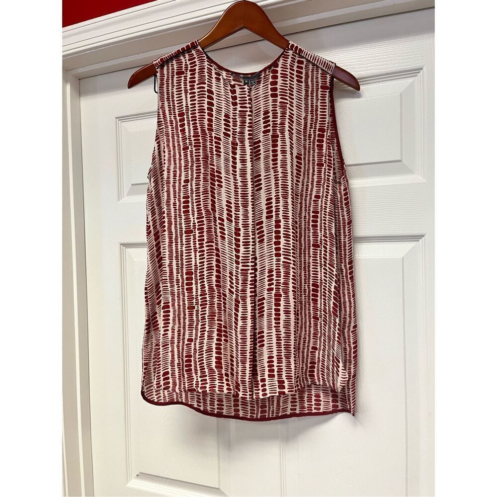 Vince Burgundy & Cream Abstract Print 100% Silk Hidden Button Down Sleeveless Bl